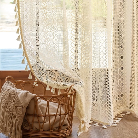 Boho Curtains Crochet Lace Semi-Sheer Hollow Out Knitted Tassels Curtain 96 Inch Length 2 Panels Set for Living Room, Vintage Bohemian Light Filtering Rod Pocket Drapes, (W52xL96, Cream Beige)