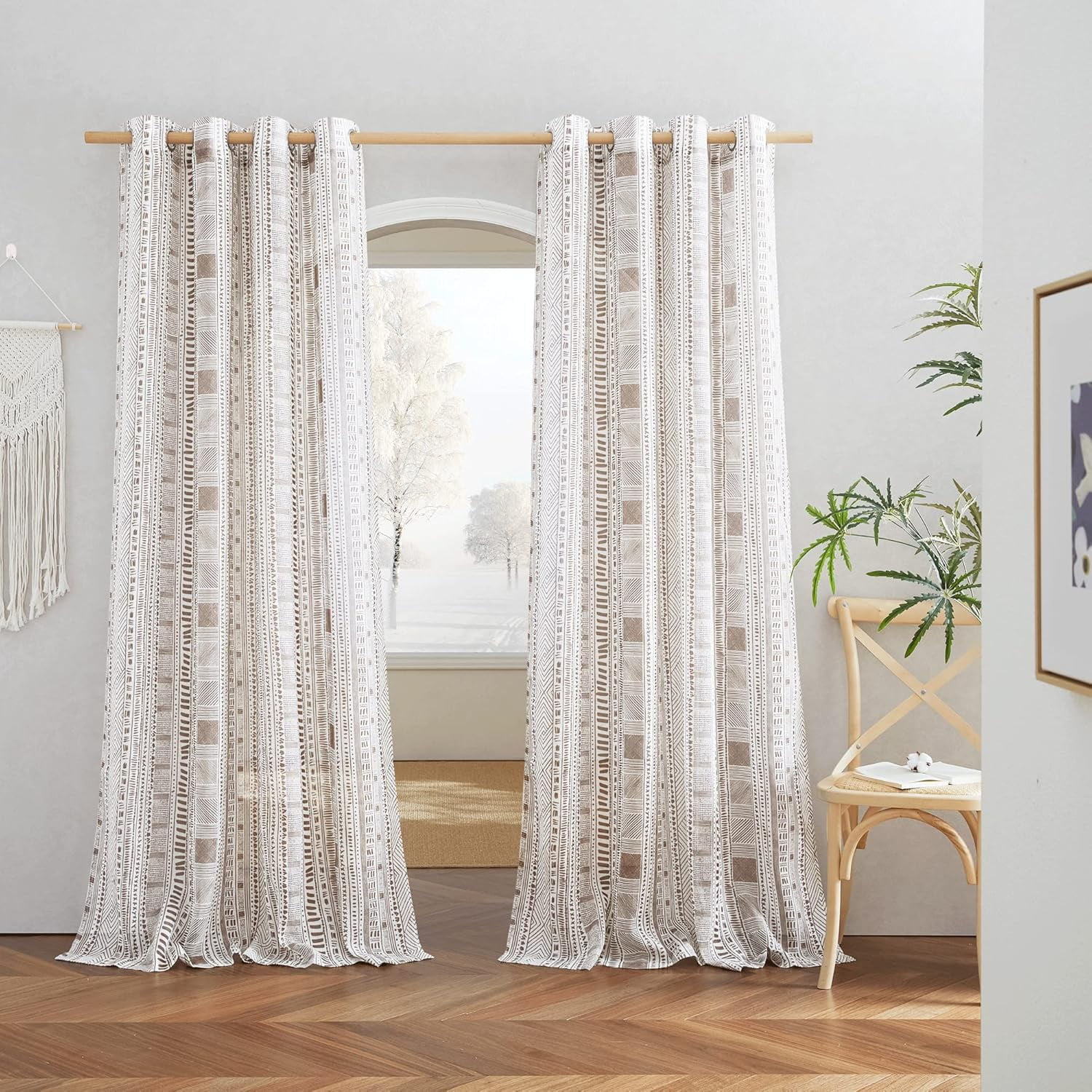Boho Curtains Flax Linen Sheer, Farmhouse Semi Sheer Curtains with Bohemian Stripe Pattern, Privacy Light Filtering Drapes, Taupe, 1 Pair