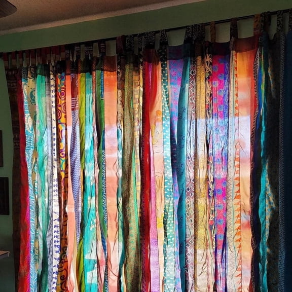 Boho Curtains Light-Filtering Gypsy Hippy Curtain Handmade Set of 2 Sari Silk Panels Recycled Indian Vintage Bed Canopy Panel Tapestry Window Treatment Bedroom 82x42 Inches (Assorted Color) (2)
