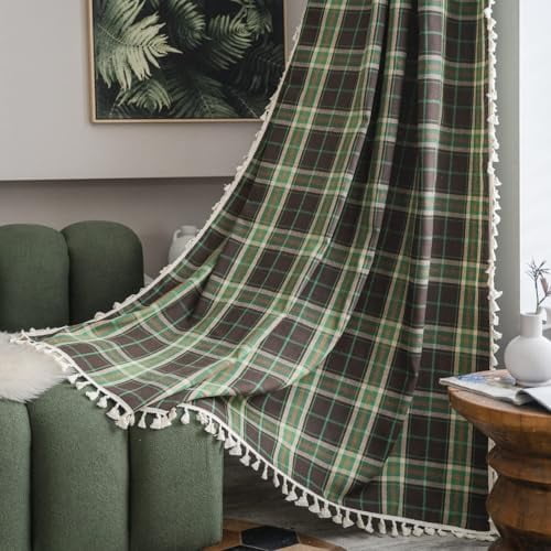 Boho Curtains for Living Room Bedroom, Vintage Gingham Curtains Christmas Light Filtering Country Bohemian Tassels Vintage Chic Grid for Xmas Decor 1 Panel 52" W x 96" L, Dark Green Plaids