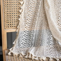 Boho Curtains for Living Room Lace Curtains 62*29 Inches 1 Panel, Rod Pocket Vintage Tassel Bohemian Decor Geometry Striped Light Filtering Crochet Semi Sheer Curtain Drapes for Bedroom,Beige