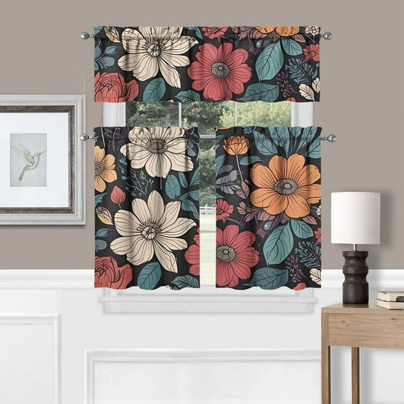 Boho Curtains Sets for Windows Bohemian Flower Curtain Sink Window Valance 3 Piece Set Boho Floral Home Decor for Living Room Bedroom 54x36 Inches