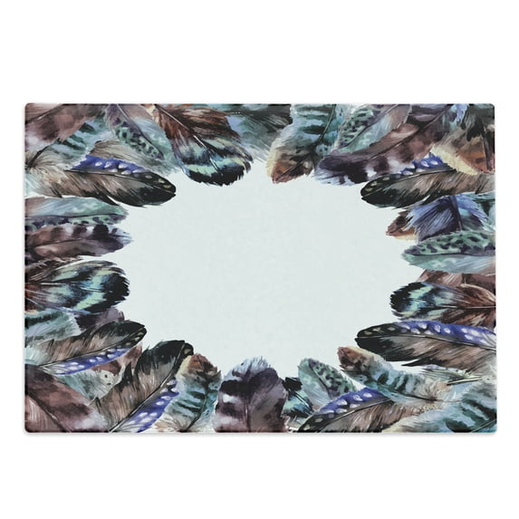 Boho Cutting Board, Boho Circle Round Frame with Shabby Ornate Feathers Retro Gypsy Design, Decorative Tempered Glass Cutting and Serving Board, Large Size, Mauve Black Blue, by Ambesonne