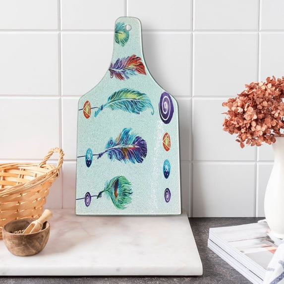 Boho Cutting Board, Several Tribal Feather Group in Psychedelic Hippie Universe Cosmos Harmony Forms, Decorative Tempered Glass Cutting and Serving Board, Wine Bottle Shape, Multicolor, by Ambesonne