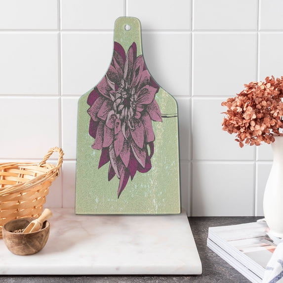 Boho Cutting Board, Vintage Dahlia Flower with Murky Grunge Featured Background Growth Bohemian Pattern, Tempered Glass Cutting and Serving Board, Wine Bottle Shape, Purple Khaki, by Ambesonne