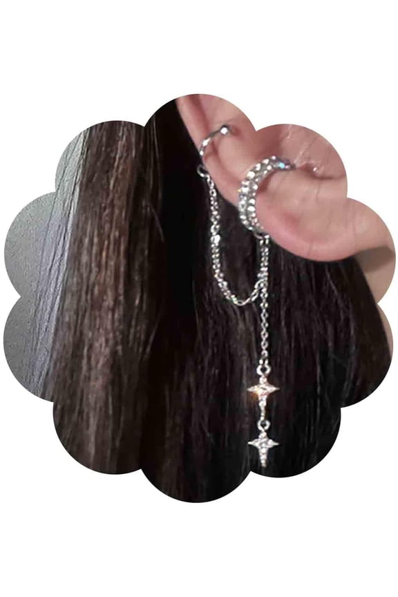 Boho Cz Circle Cuff Dangle Earrings Silver Crystal Cross Long Cz Tassel Chain Rhinestone Ring Helix Chain Clip on Earrings Non Pierced Jewelry for Women