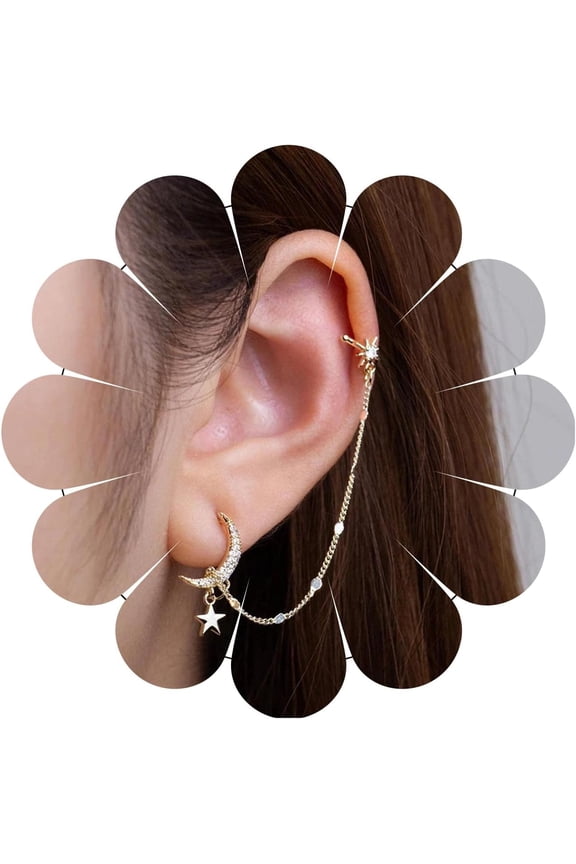 Boho Cz Moon Star Chain Cuff Earrings Crystal Crescent Stud Earrings Star Dangle Ear Clip Earrings Gold Northstar Ear Cuff Chain Earring Jewelry for Women