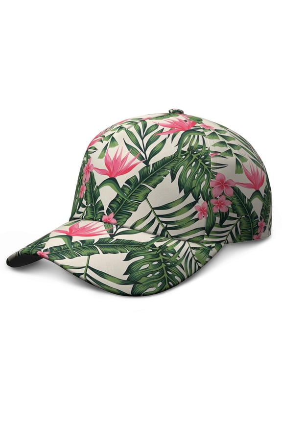 Boho Dad Hat, Comfortable Fit Washed Baseball Cap with Tropical Floral and Botanical Jungle Leaves Print, Lightweight Performance Hat for Beach Vacation and Daily Use