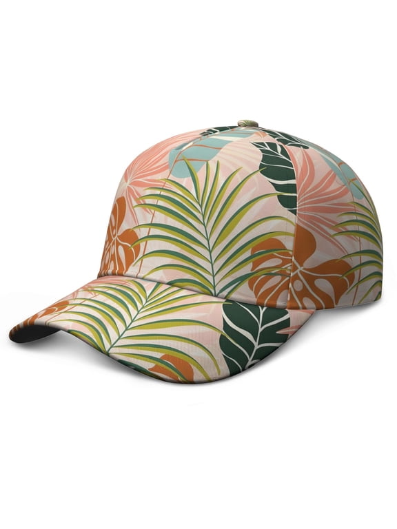 Boho Dad Hat, Comfortable Fit Washed Baseball Cap with Tropical Floral and Botanical Jungle Leaves Print, Lightweight Performance Hat for Beach Vacation and Daily Use
