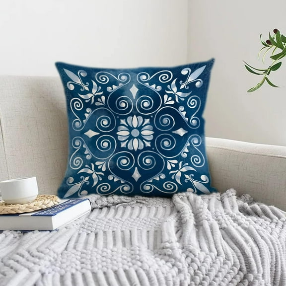 Boho Dahlia Blue Pillow Covers One Set 18x18 Oil Painting Retro linens Cotton Boho Decor Throw Pillows Accents Outdoor Farmhouse Patio Home Sofa Couch Holiday Cases Decorations
