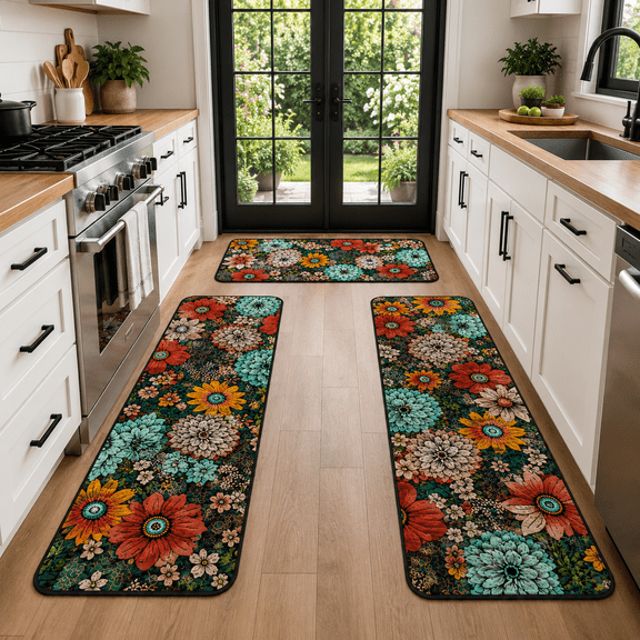 Boho Dahlia Colorful Floral Mandala Runner Rug Set 1 Piece Non Slip Comfort Floor Mats Bohemian Tapestry Washable Carpet 16" x 24"