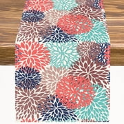 Boho Dahlia Flowers Table Runner Red Blue Chrysanthemum Floral Pattern Table Cloth Decoration Dresser Garden Farmhouse Wedding Party Vacation Dinner Home 13x36in