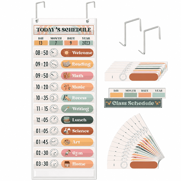 Boho Daily Schedule Pocket Chart with 24 Cards, 13 x 35.5 in Classroom Visual Planner with Storage Pocket and Hooks, White