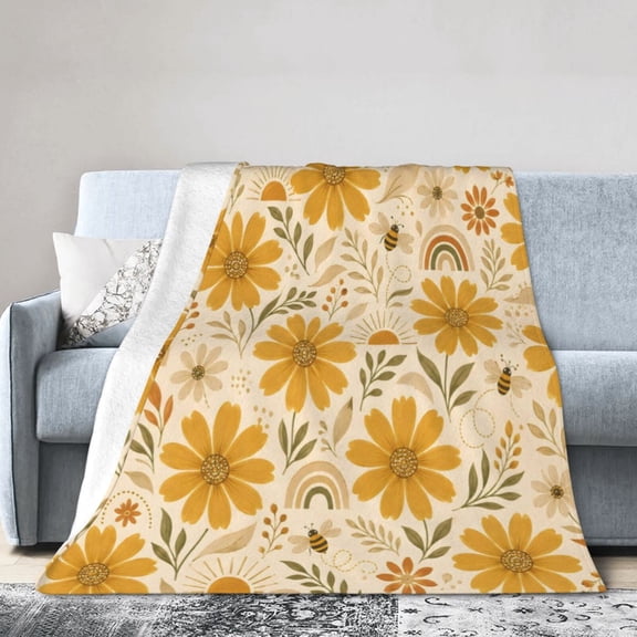 Boho Daisy Bee Blanket Gift Throw Blanket Gift for Yellow Floral Spring Nursery Room Decor 50x40