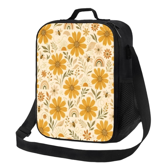 Boho Daisy Bee Lunch Bag Insulated Thermal Lunch Box with Shoulder Strap & Handle for Women and Men