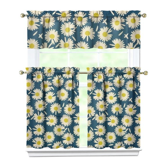 Boho Daisy Curtains for Kitchen - 3 PC Set with Floral Valance & Tier Panels, Vintage Retro Aesthetic Semi-Sheer Window Treatment