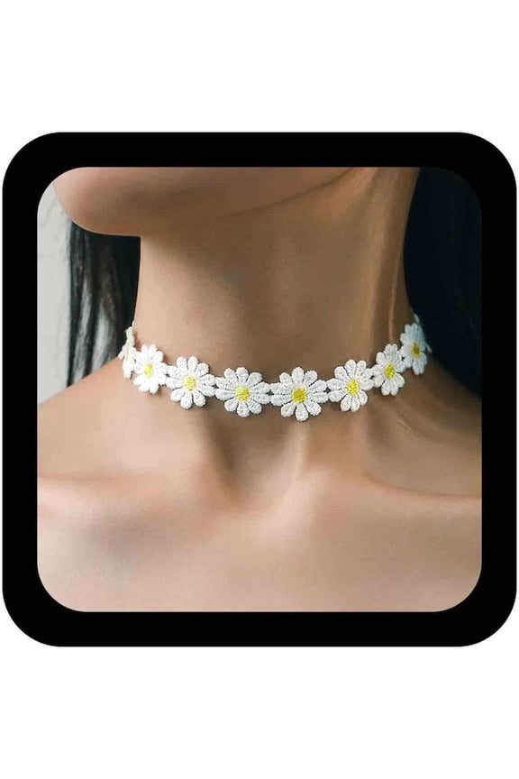 Boho Daisy Flower Lace Choker Necklace White Lace Necklace Plain White Collar Necklace Retro Flower Necklace Chain Jewelry for Women