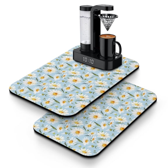 Boho Daisy Print Dish Drying Mat, Super Absorbent Vintage Floral Coffee Bar Mat, Yellow Bloom Kitchen Counter Pad for Coffee Lovers, 19.5x12in (Set of 2)