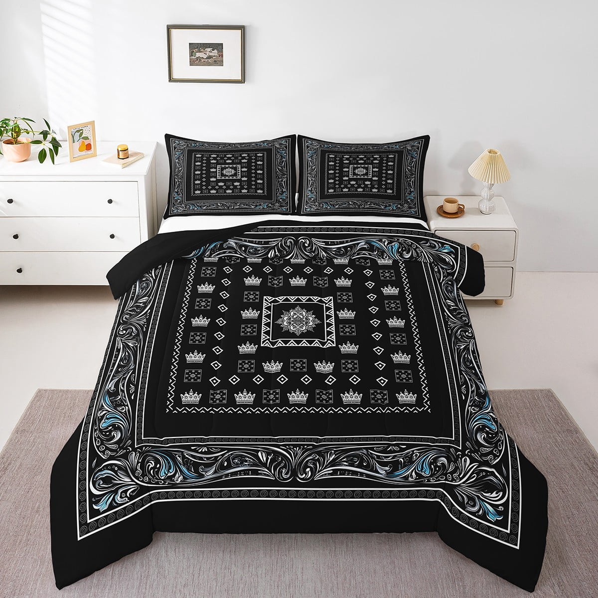 Boho Damask Queen Comforter Set Antique Victorian Baroque Bedding Sets Bohemian Exotic Mandala ...