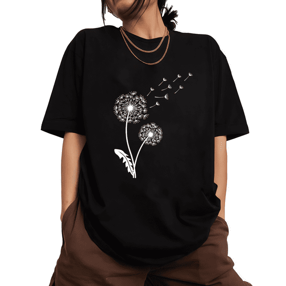 Boho Dandelion Silhouette With Leaf Print Womens Black Short Sleeve T-Shirt Oversized Tops