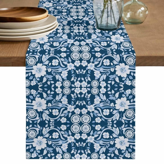 Boho Dark Blue Table Runner, Vintage Leaf Abstract Flower Branch Cotton Linen Kitchen Table Decoration Washable Dining Tabletop Runners for Home Party Decor 13x60 Inches