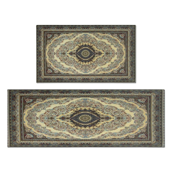 Boho Dark Brown Pattern Kitchen Rugs and Mats Sets Of 2, Funny Kitchen Decoration Rubber Backing Non-Slip Absorbent Mats for Sink Waterproof Runner Rug for Laundry Room 17x30+17x48inch