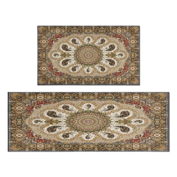 Boho Dark Brown Pattern Rugs and Mats Non Skid Washable Absorbent Microfiber Soft Kitchen Mat for Floor Set Of 2 Decor Stain Resistant 17"x47"+17"x30"