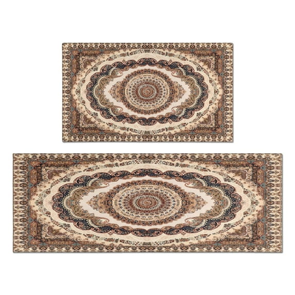 Boho Dark Brown Pattern Rugs and Mats Non Skid Washable Absorbent Microfiber Soft Kitchen Mat for Floor Set Of 2 Decor Stain Resistant 17"x47"+17"x30"