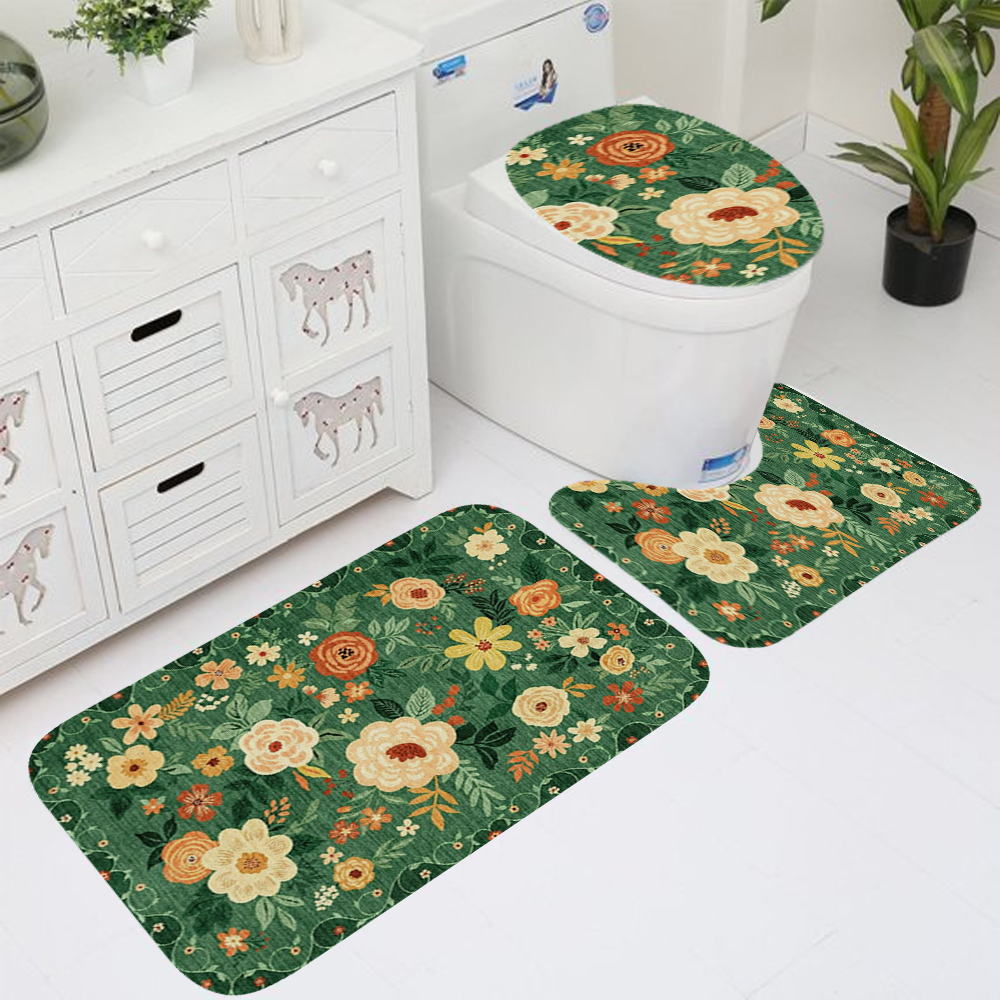 Boho Dark Green Floral 3-Piece Bath Rug Set, Non-Slip Polyester ...