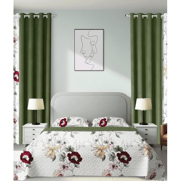 Boho Dark Green  Light Comforter Set, 9- Bed in a Bag with Curtains, Brushed Microfiber Bedspread Set with Matching Curtains for Master Bedroom, Machine Washable