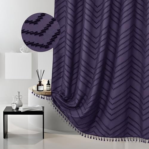 Boho Dark Purple Shower Curtain, 72 x 72 Woven Fabric Tufted Chevron Textured Striped Modern Farmhouse Minimalist for Bathroom