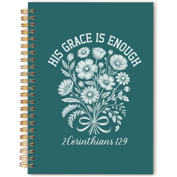 Boho Dark Teal Floral Christian Notebook Journal, His Grace Is Religious Verse Spiral Hardcover Notebook Journal for Church Notes Study Office Work, 5.5x8.3 Inch
