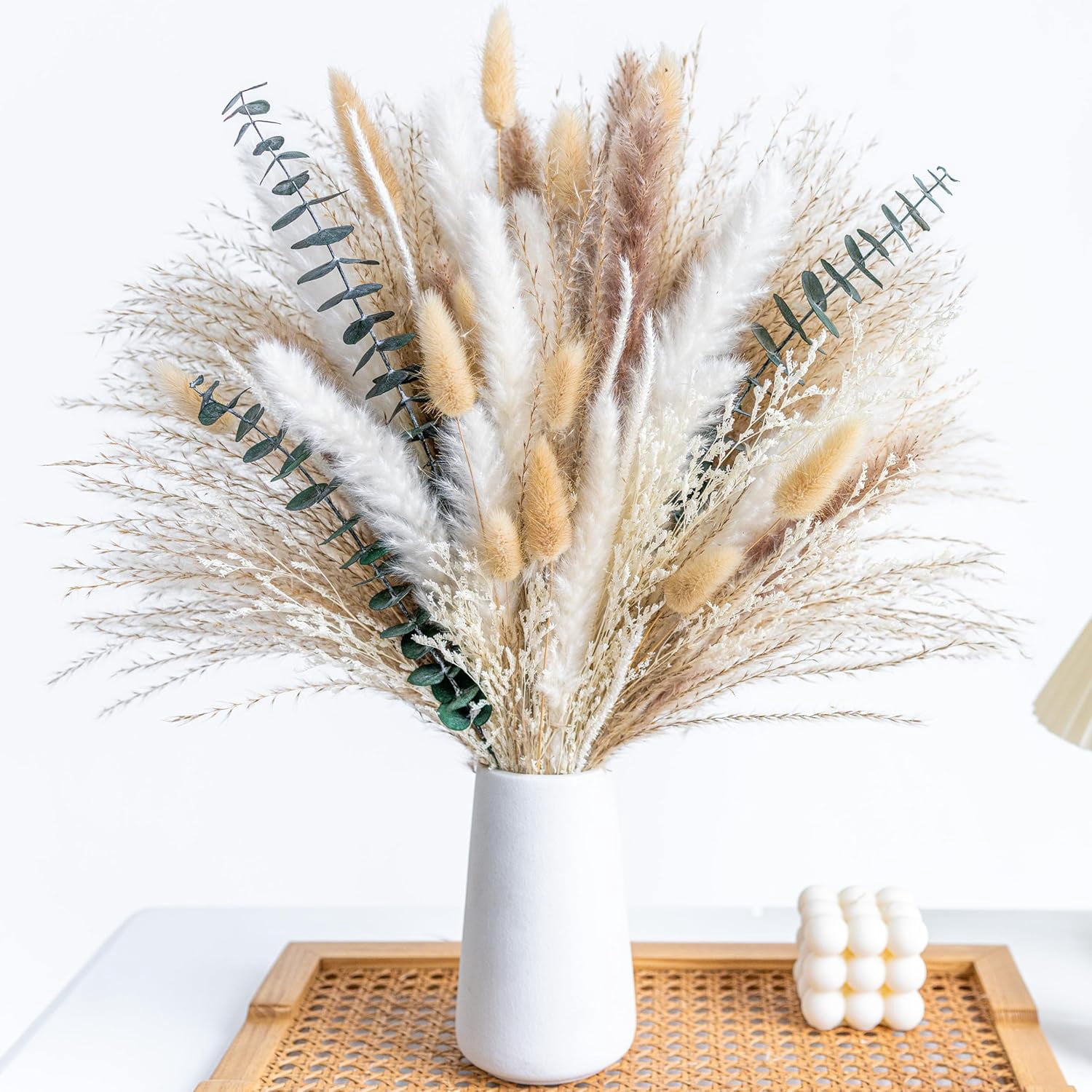 Boho Decor Bouquet Eucalyptus Pampas Grass Decor Dried Pampas Home Decor Dried Flowers Bouquet for Wedding Floral Arrangements Table,Home,Rustic,Farmhouse Decor(White&Green)