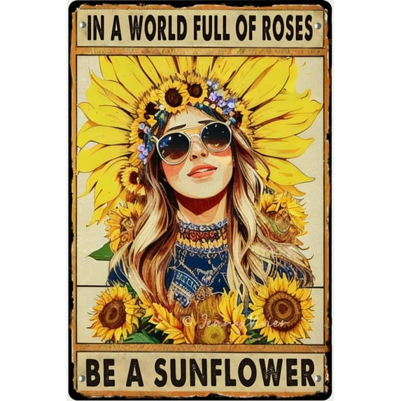 Boho Decor, Hippie Girl and Sunflower Decor, in A World Full of Roses Be A Sunflower Inspirational Quote Decor, Vintage Retro Metal Tin Sign Pub Bar Man Cave Club Decoration 12x16 Inches