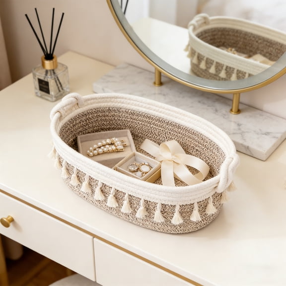 Boho Decorative Basket, Fringed Handmade Organizer, Lightweight Woven Holder for Makeup Perfume, Bathroom Desktop Storage