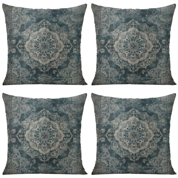 Boho Decorative Linen Turquoise Carpet Pattern Ethnic Design Throw Pillow Covers 18 X 18 Inch, Set Of 4, Linen Study Sofa Cushion Cover Indoor Living Room Home Decor