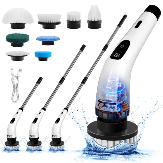 BIMZUC Electric Spin Scrubber, Cordless Cleaning Brush, 8 Replaceable Heads, Adjustable Handle, 400 RPM Power, for Bathroom