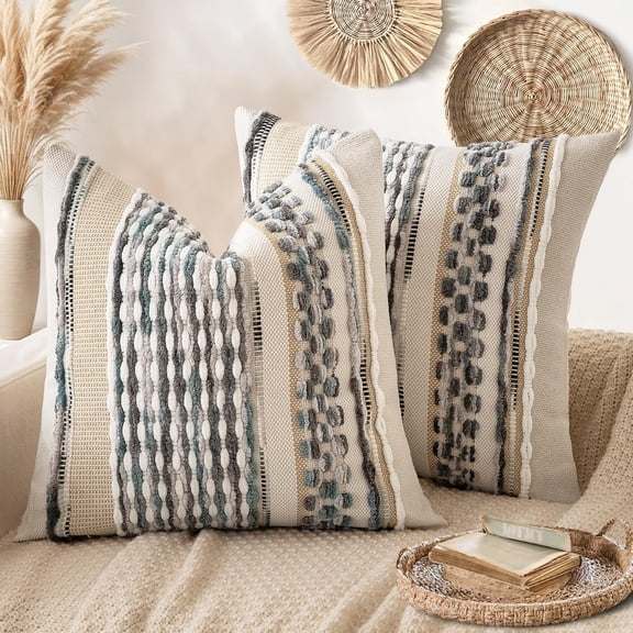 Boho Decorative Pillow Covers Gray Blue Stripe 18x18 Inch Pack of 2