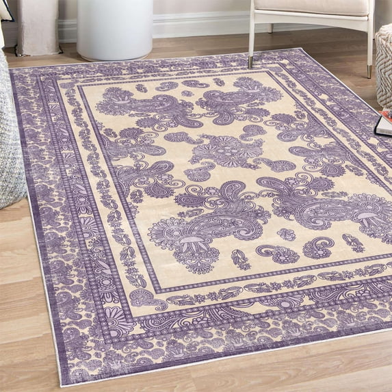 Boho Decorative Rug, Vintage Look Ethnic Look Pattern of Paisley Details Bohemian Feels Damask, Quality Carpet for Bedroom Dorm and Living Room, 6 Sizes, Eggshell Violet Lilac, by Ambesonne