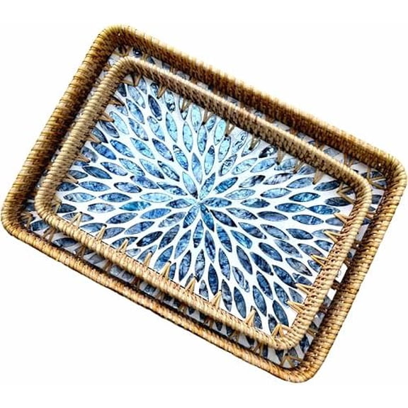 Boho Decorative Serving Trays Set of 2, Wicker Rectangle Trays with Mother of Pearl Inlay for Counter Top, Coffee Table Decor, Farmhouse Vanity Tray and Home Organization