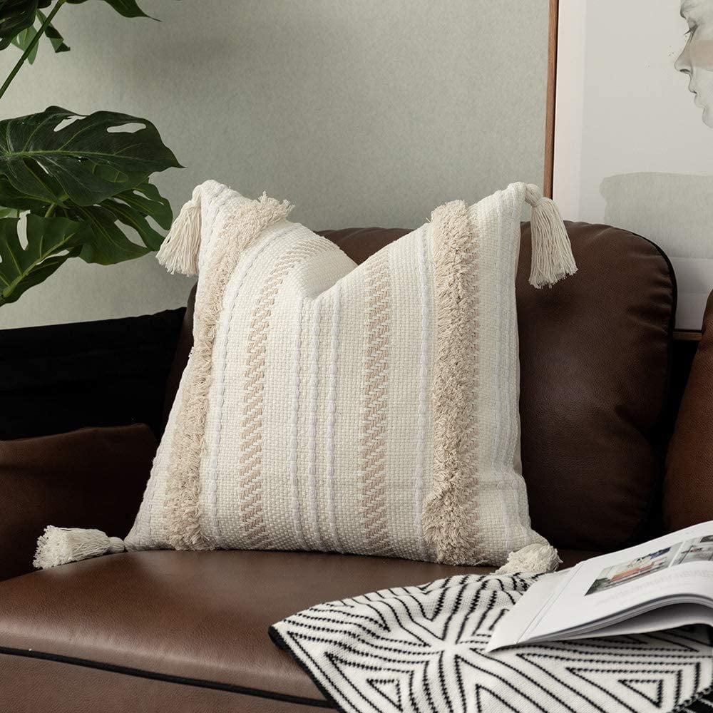 Boho Decorative Throw Pillow Cover, 20 x 20 Farmhouse Cute Pillowcase Minimalist Neutral Collection Cream White Tufted with Tassels Woven Square Cushion Cover for Sofa Couch Bedroom Living Room,1pc