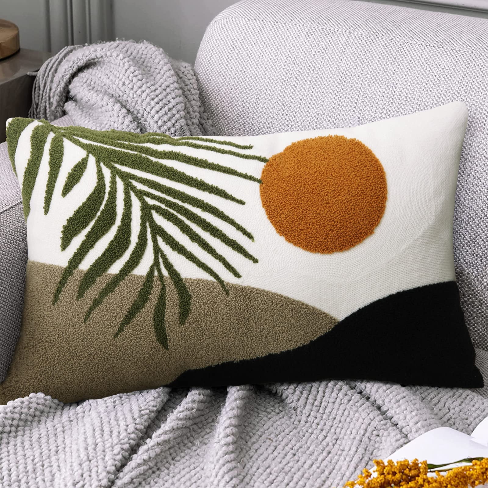 Large Couch Pillows 26x26 Abstract Sun Plant Leaf Bohemian Satin Cushion  Covers Boho Mid Century Decorative Soft and Luxurious Cushion Cover