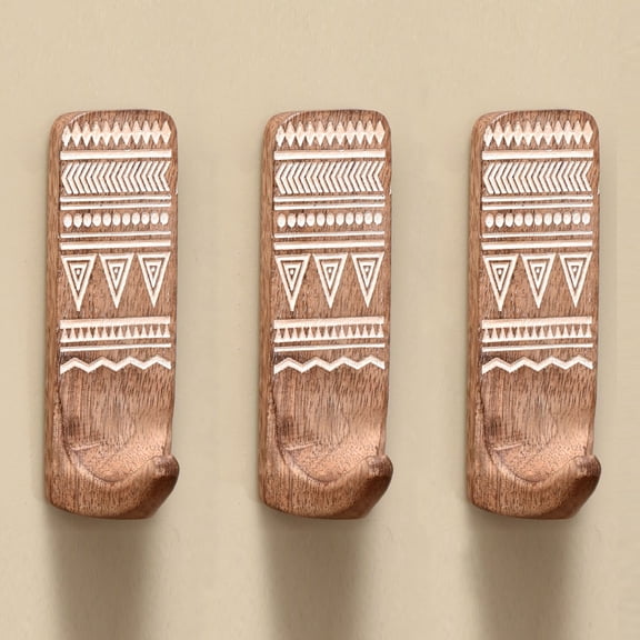 Boho Decorative Wood Adhesive Wall Hooks for Hanging Coats, Keys, Hat, Leash, Towel Holder, Cute Sticky Key Holder, Brown and White Western Wall Décor (3 Hooks 6 Strips)