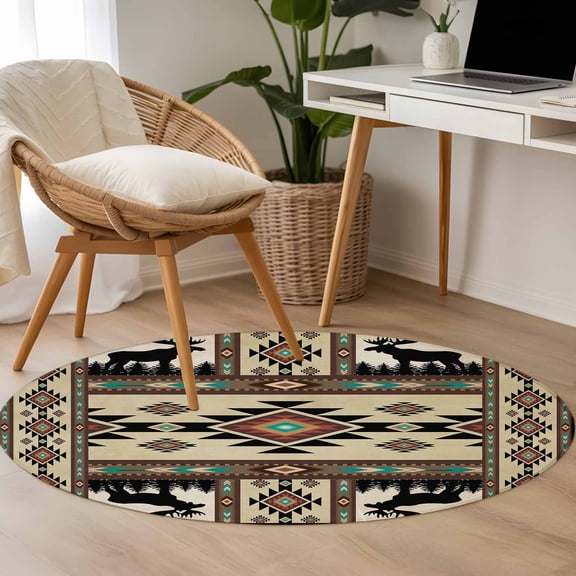 Boho Deer 3.3ft Round Rug for Bedroom Reading Corner, Elk Hunting Forest Aztec Bohemian Retro Washable Non Slip Circle Area Rug