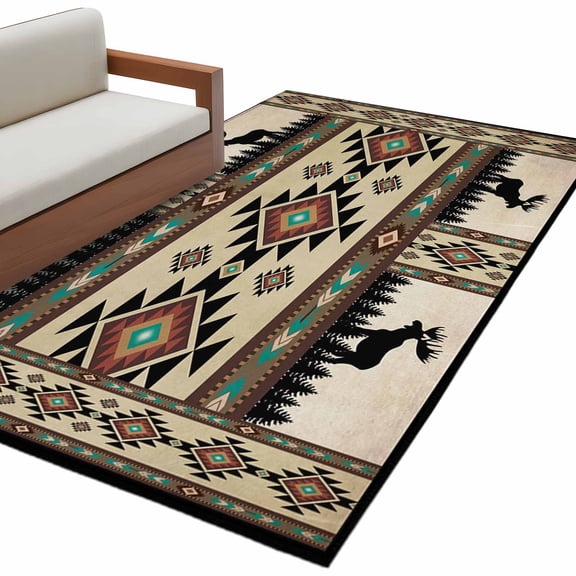 Boho Deer Area&nbsp;Rug 3x5ft Elk Hunting Forest Aztec Bohemian Retro Non-Slip&nbsp;Washable Square&nbsp;Rugs Soft Felt Indoor Floor Mat for Bedroom Kitchen Living Room Bathroom