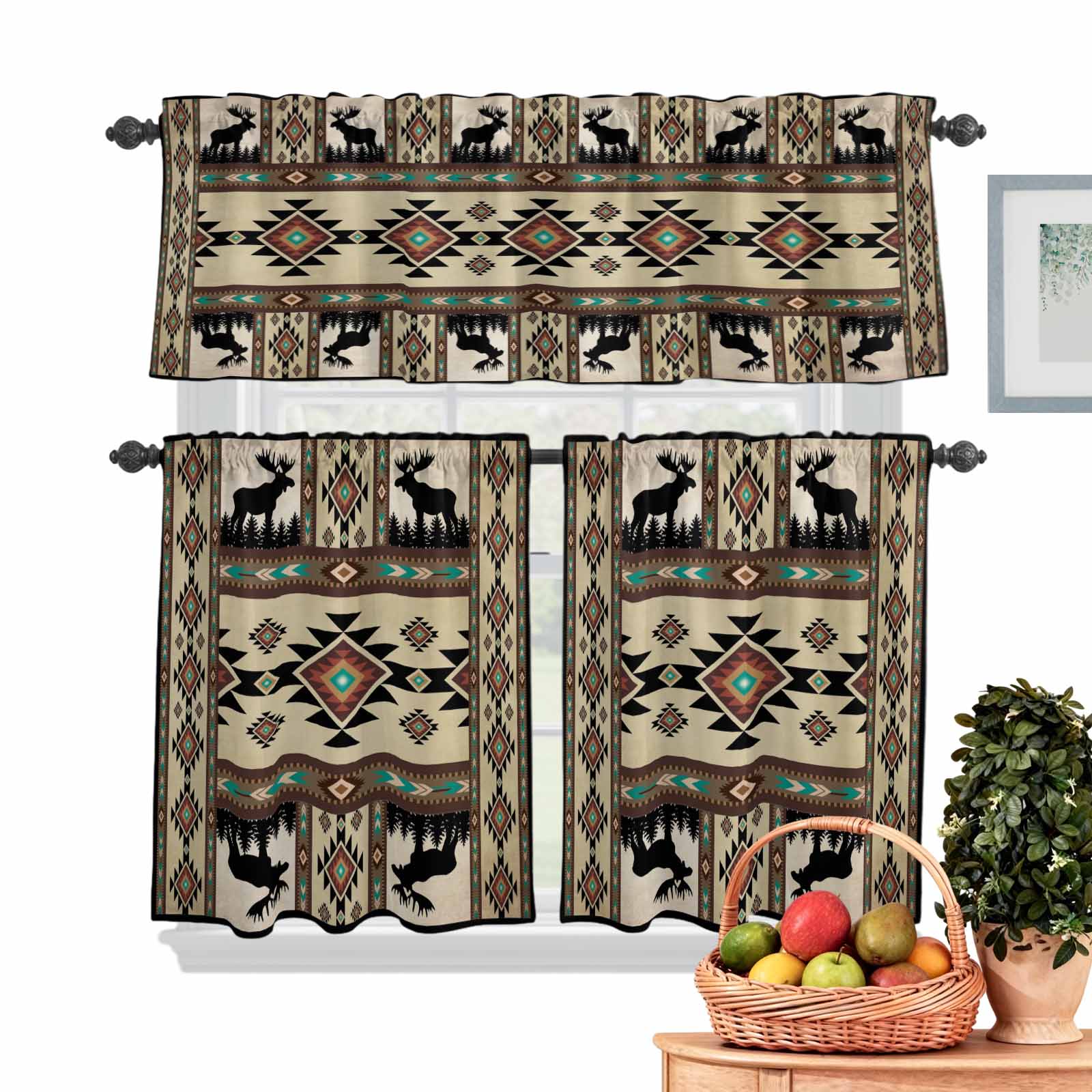 Boho Deer Kitchen Curtains Valances 3 Piece Set, Elk Hunting Forest ...