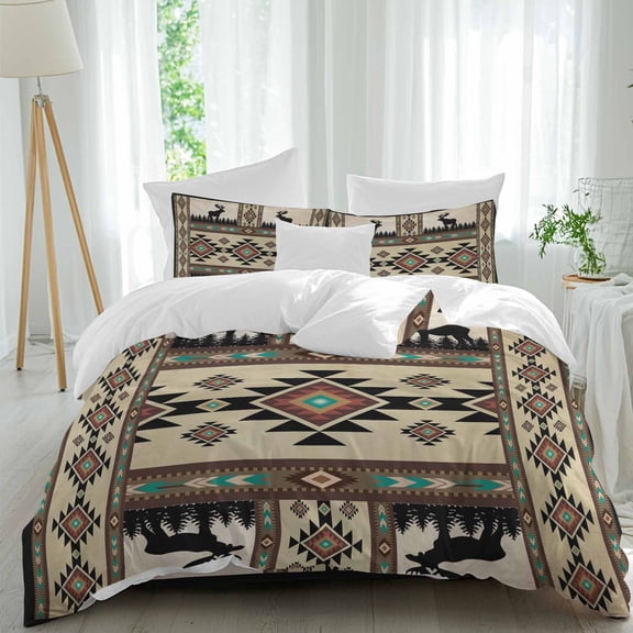Boho Deer Queen Size Comforter Set, Elk Hunting Forest Aztec Bohemian Retro Bedding for All Seasons, 4 Pcs Bed Set, 1Quiltcover (90"x92") ,1Sheet(94"x116"), 2Pillowcases (30"x20")