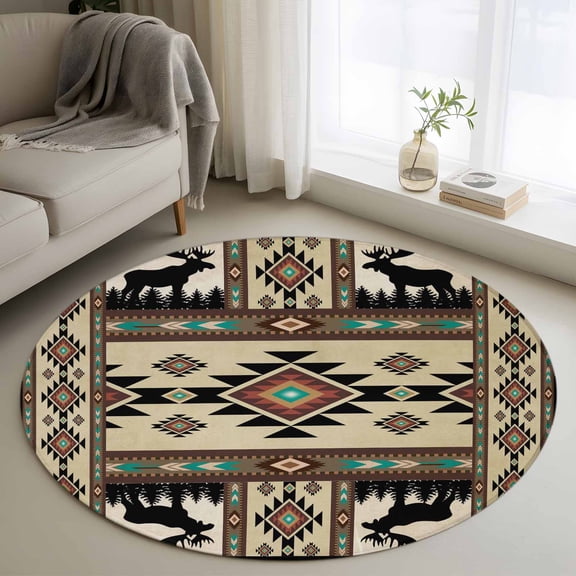 Boho Deer Round Area Rugs 3 ft, Elk Hunting Forest Aztec Bohemian Retro Washable Small Area Rug with Non-Slip Sturdy Edge Binding Round Front Door Mat Floor Carpet for Entryway