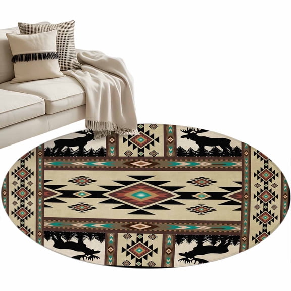 Boho Deer Washable Area Rug 3 ft Elk Hunting Forest Aztec Bohemian Retro Soft Round Rugs for Living Room, Non Slip Carpet for Bedroom Entryway Dining Room
