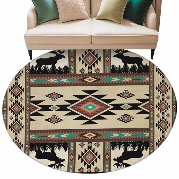 Boho Deer Washable Area Rug 6 ft Elk Hunting Forest Aztec Bohemian Retro Soft Round Rugs for Living Room, Non Slip Carpet for Bedroom Entryway Dining Room